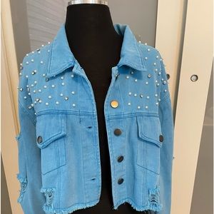 Denim jacket ocean blue distressed crop, Medium 8-10